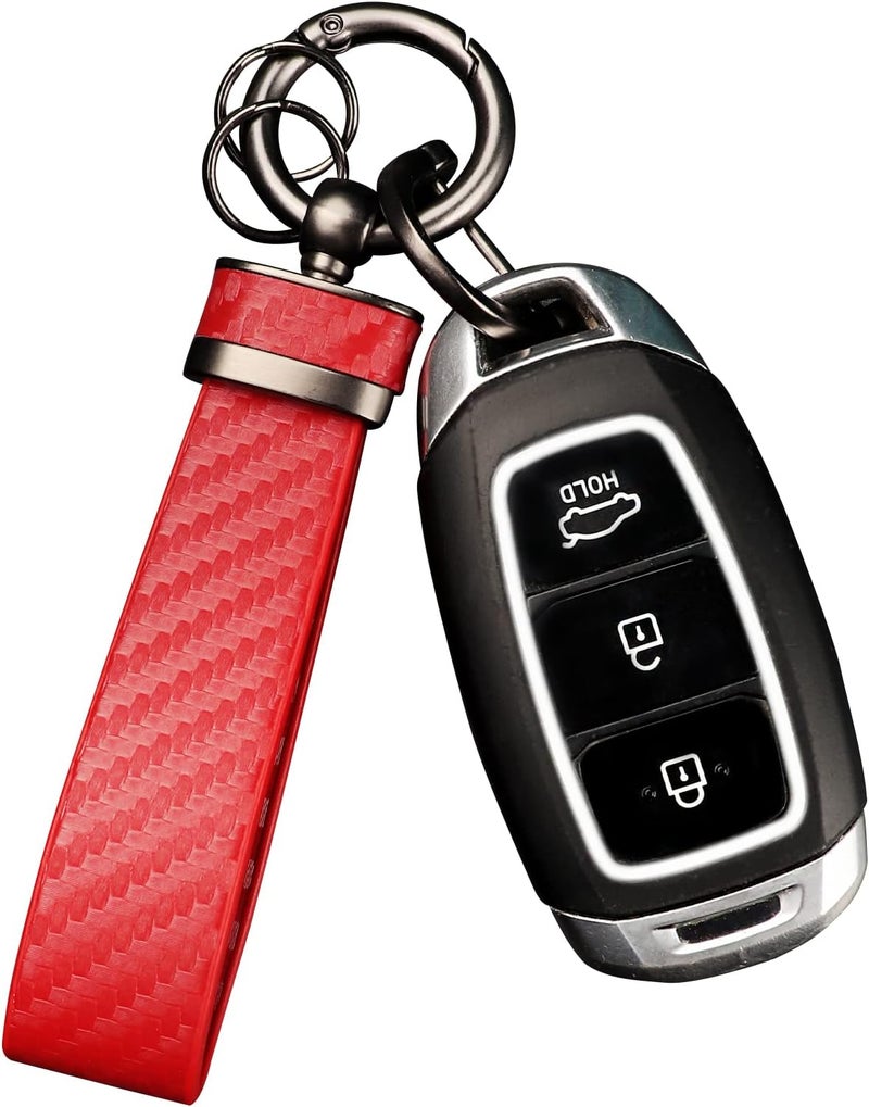 Turcee Carbon Fiber Keychain, Interior Accessories Leather Key Fob, Car Accessories Key Ring & Anti-Lost D-Ring (Red) - Image 1